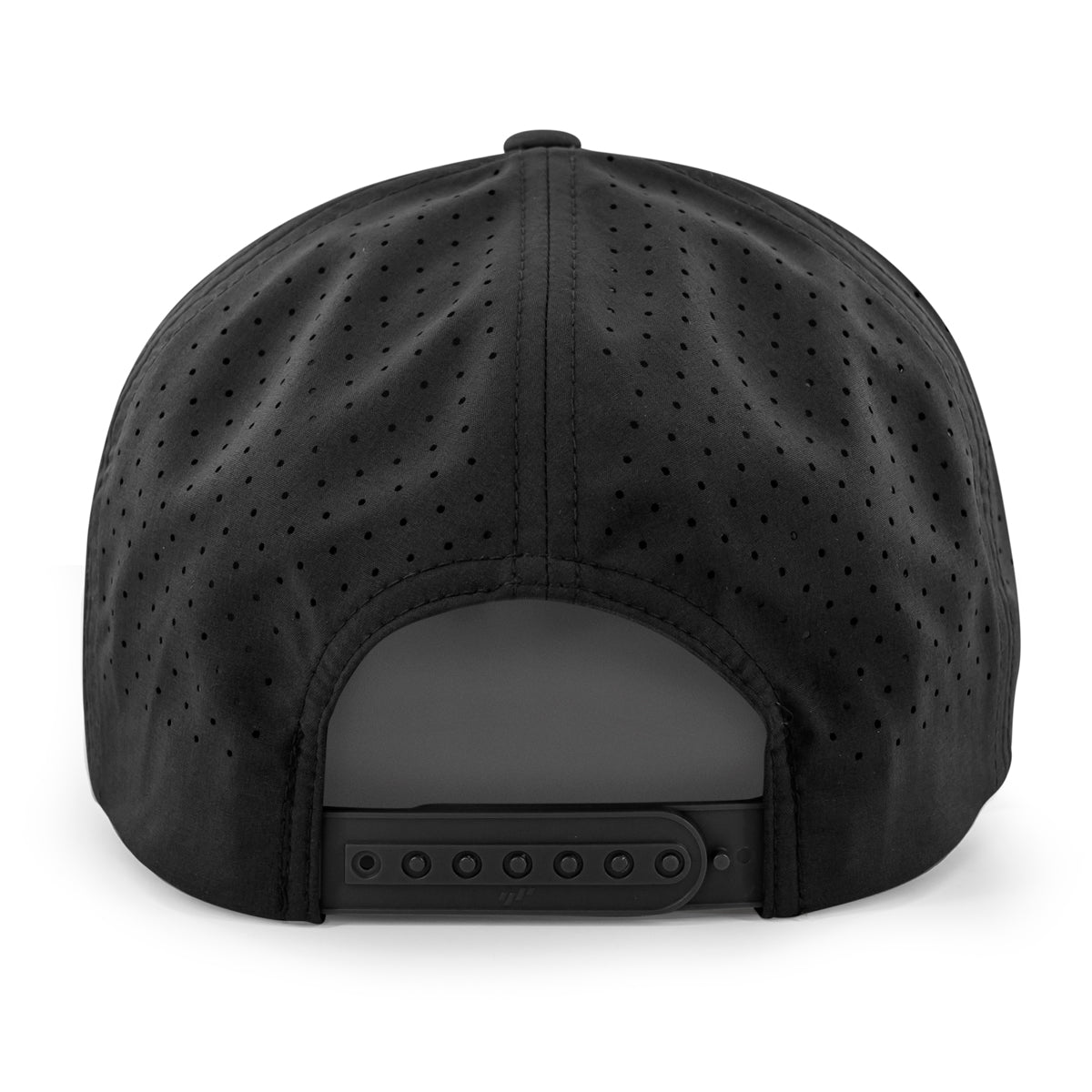Back of black USA Boston Block B Skyline performance hat with adjustable closure