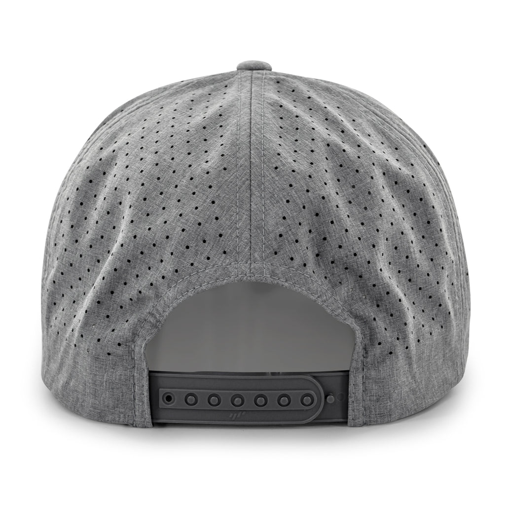 Back view of gray 5-panel performance hat with perforated panels