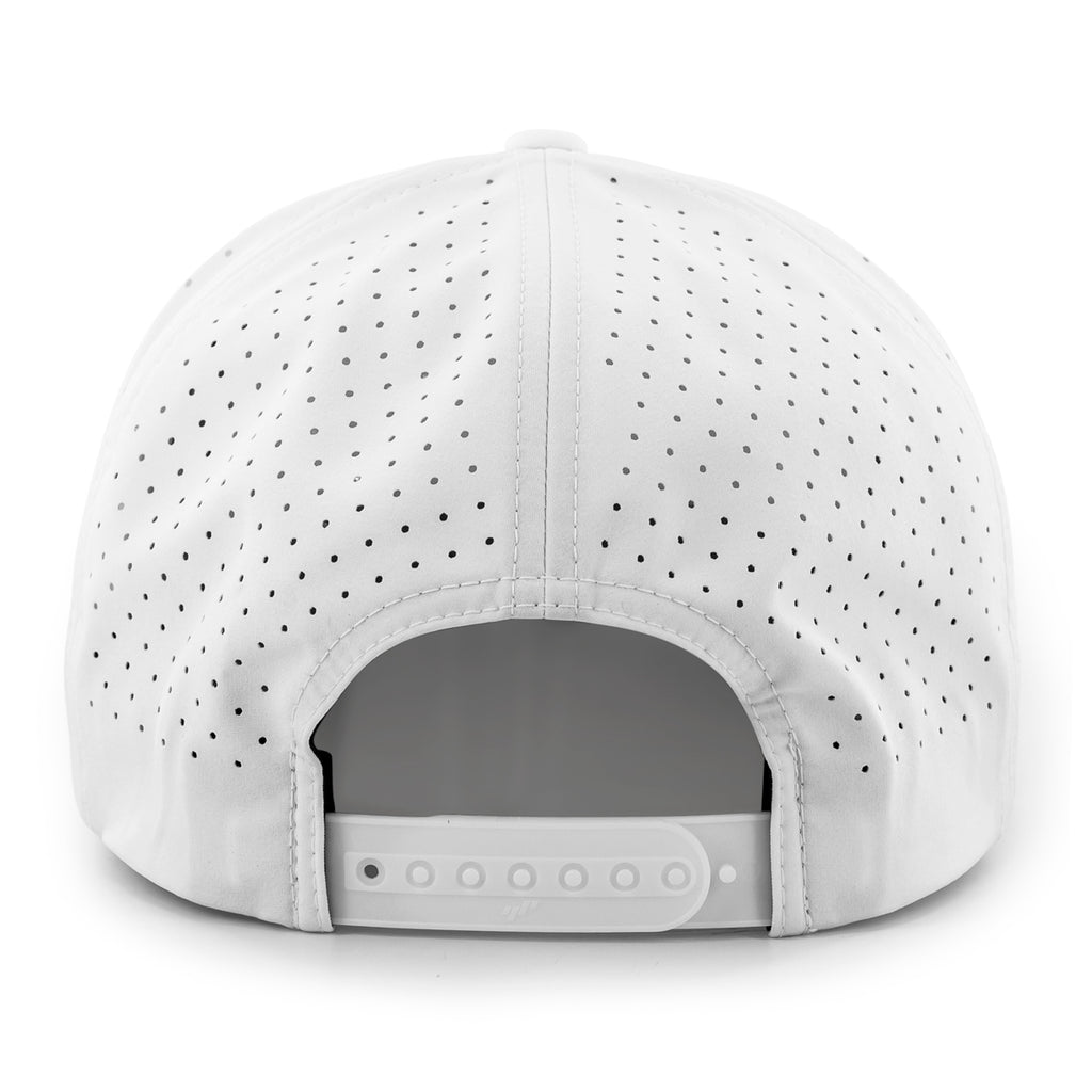 Back view of white 5-panel performance hat with perforated panels