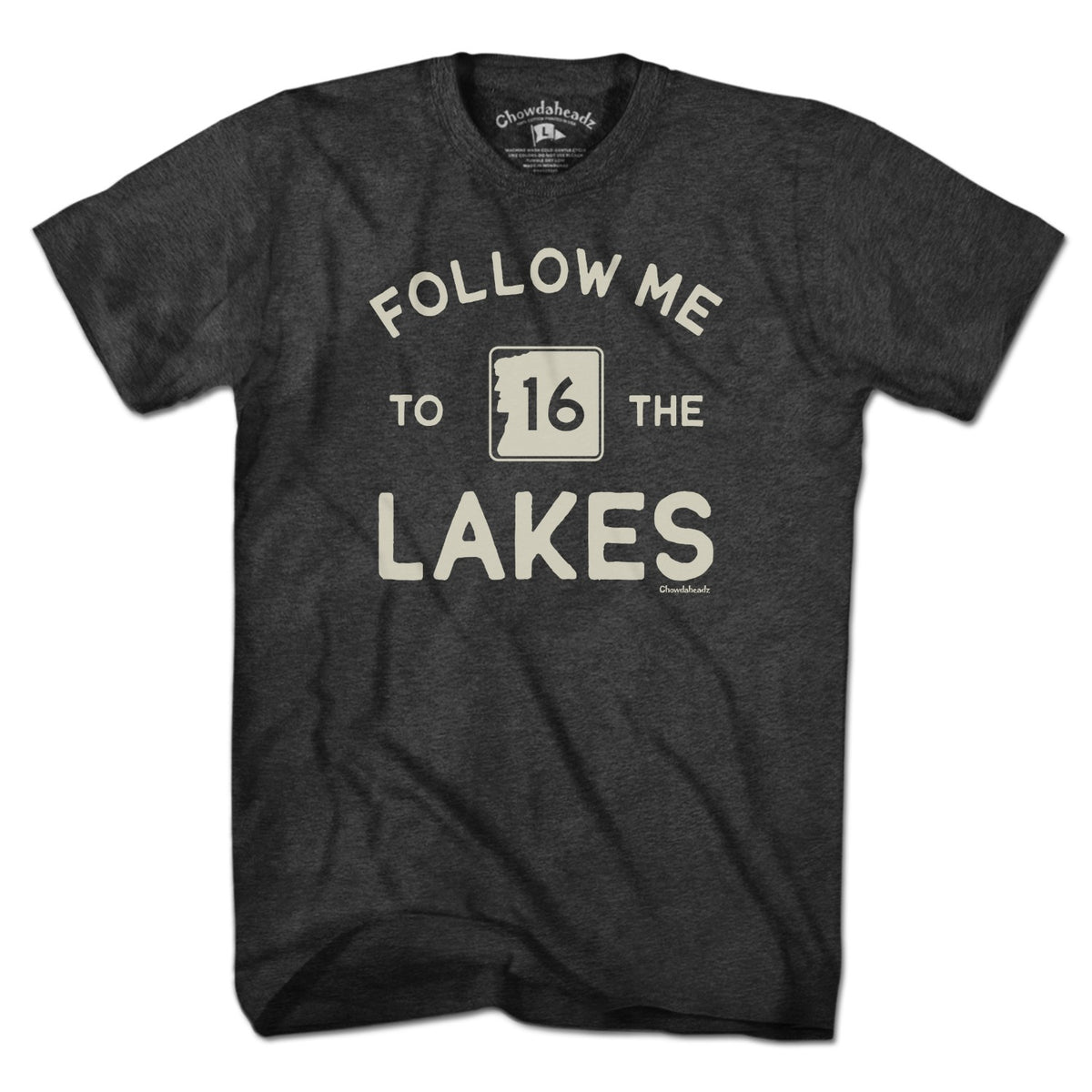 Men's Tee in Charcoal with Follow Me To The Lakes New Hampshire graphic