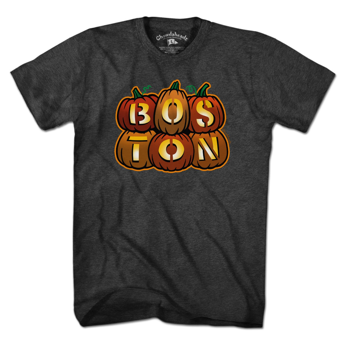 Charcoal Men's Tee featuring stacked jack o' lantern design with Boston autumn vibes