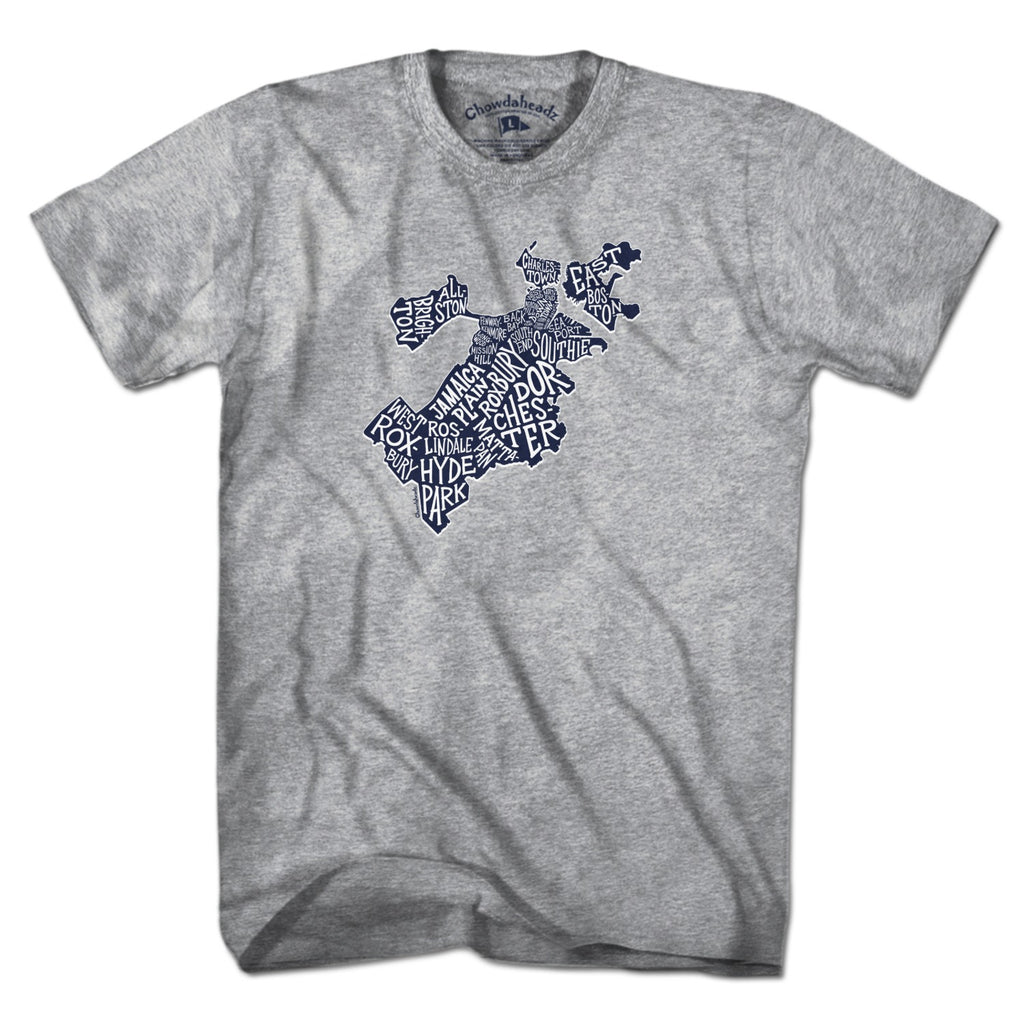 Front view of a gray T-shirt with a navy-and-white Boston map formed from neighborhood names