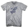 Front view of a gray T-shirt with a navy-and-white Boston map formed from neighborhood names