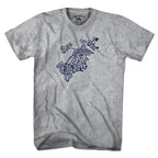 Front view of a gray T-shirt with a navy-and-white Boston map formed from neighborhood names