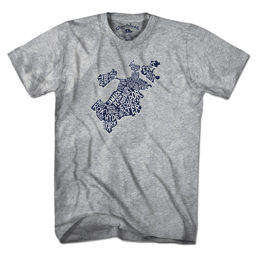 Front view of a gray T-shirt with a navy-and-white Boston map formed from neighborhood names