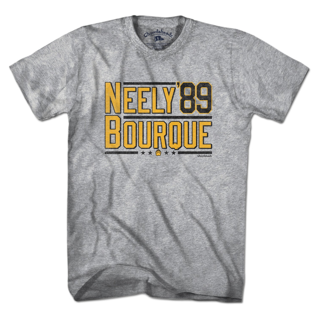 Front view of gray T-shirt with gold Neely and Bourque lettering, black '89, stars and a paw detail