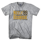 Front view of gray T-shirt with gold Neely and Bourque lettering, black '89, stars and a paw detail