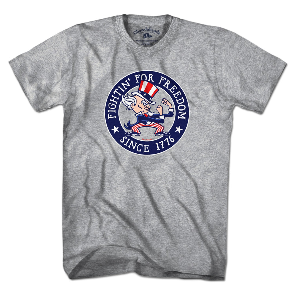 Men's Tee in Gray with Fightin' For Freedom Uncle Sam patriotic graphic
