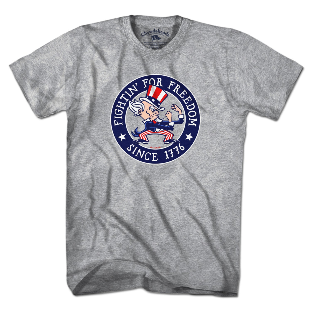 Men's Tee in Gray with Fightin' For Freedom Uncle Sam patriotic graphic