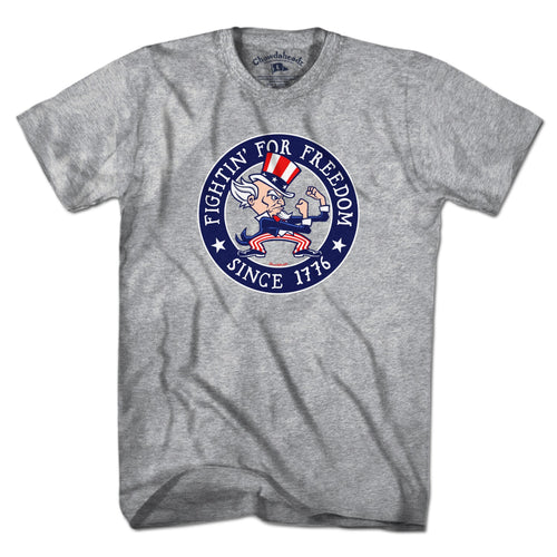 Men's Tee in Gray with Fightin' For Freedom Uncle Sam patriotic graphic