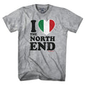 Gray short-sleeve T-shirt, front view, with distressed black North End lettering and a green, white, and red heart.