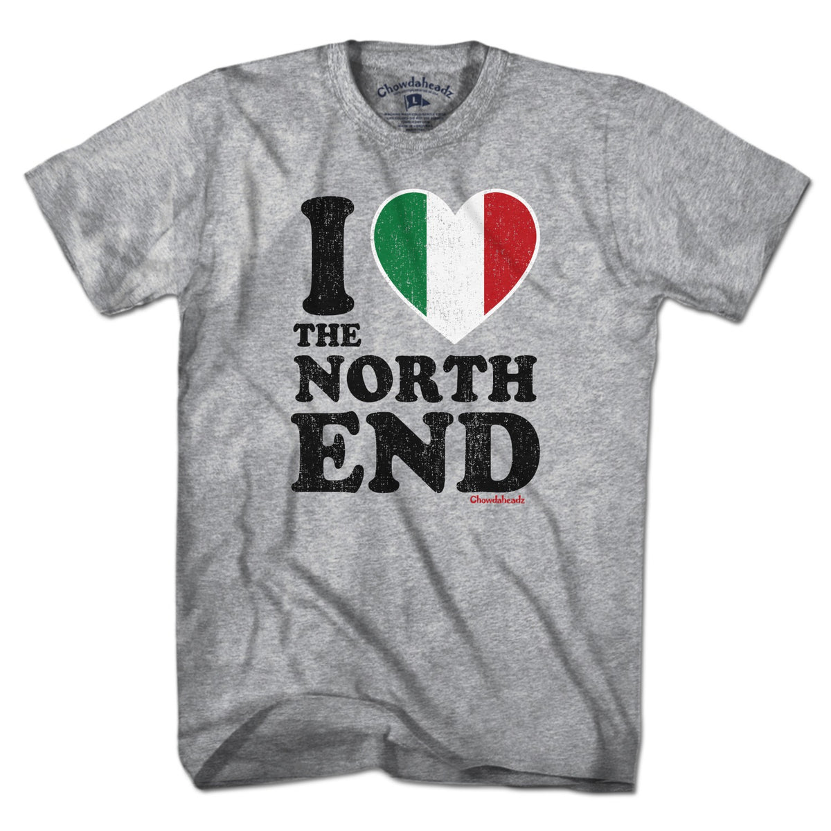 Gray short-sleeve T-shirt, front view, with distressed black North End lettering and a green, white, and red heart.