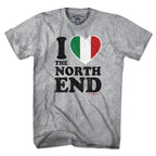Gray short-sleeve T-shirt, front view, with distressed black North End lettering and a green, white, and red heart.