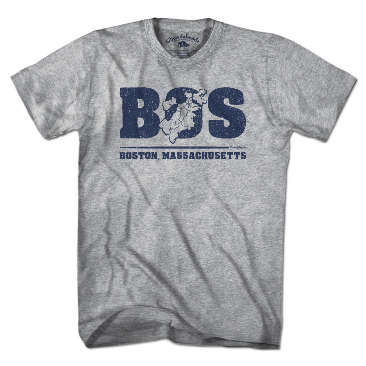 Men's Tee in Gray with BOS Boston Neighborhoods Map graphic