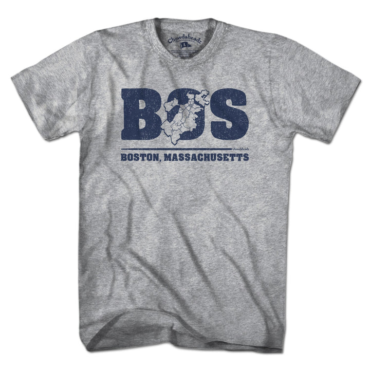 Men's Tee in Gray with BOS Boston Neighborhoods Map graphic