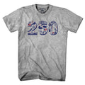 Men's Tee patriotic t-shirt with USA 250 icons in red white and blue on Gray cotton