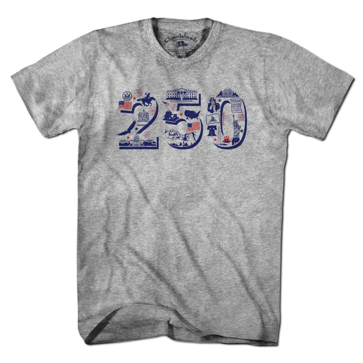Men's Tee patriotic t-shirt with USA 250 icons in red white and blue on Gray cotton