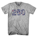 Men's Tee patriotic t-shirt with USA 250 icons in red white and blue on Gray cotton