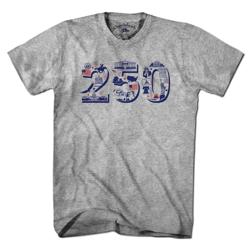 Men's Tee patriotic t-shirt with USA 250 icons in red white and blue on Gray cotton