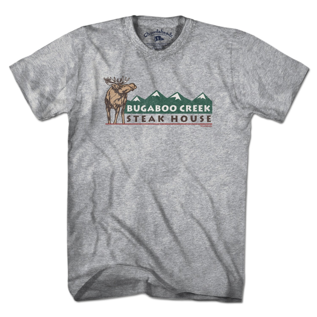 Gray short-sleeve T-shirt with a brown moose, green mountains, and Bugaboo Creek Steak House lettering, front view