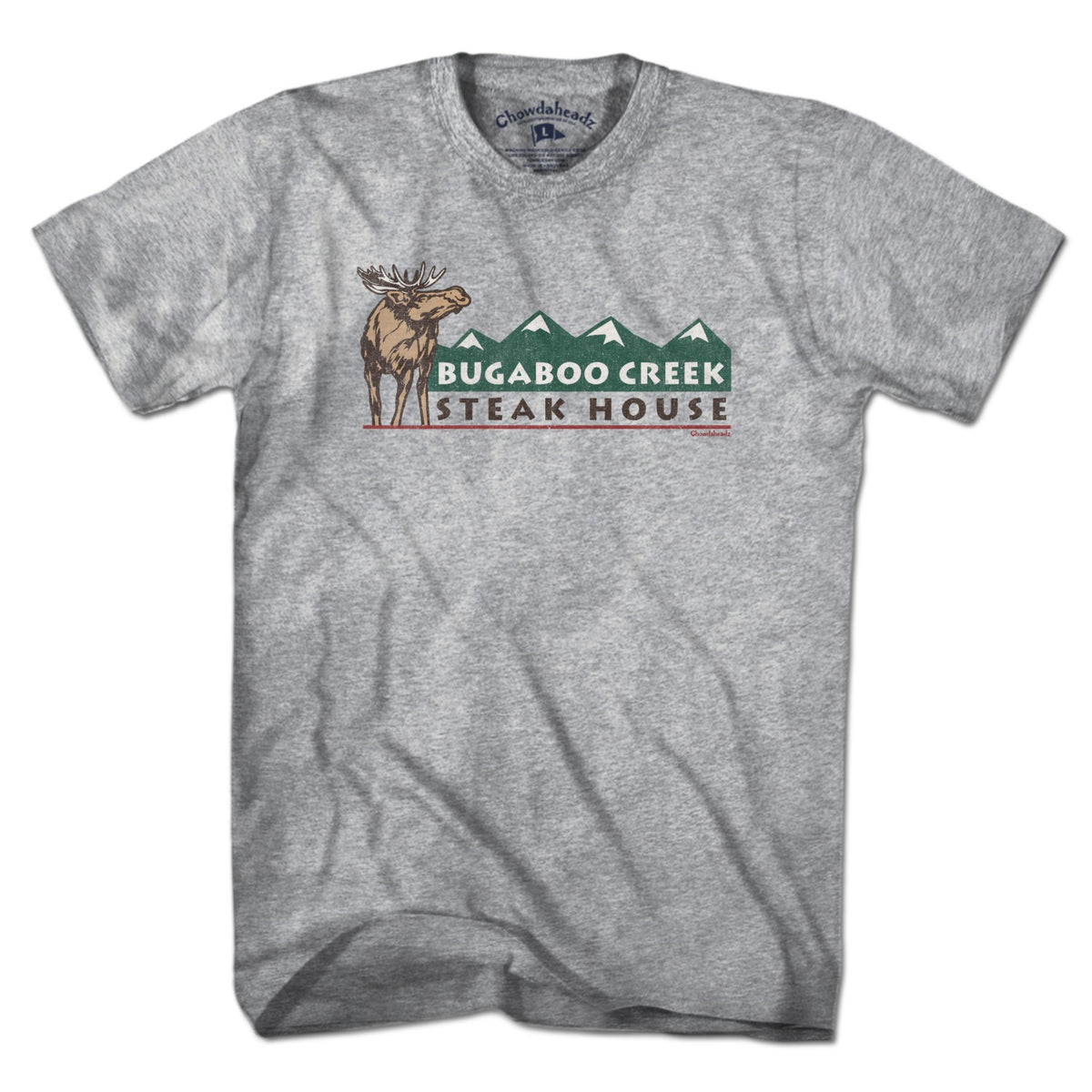 Gray short-sleeve T-shirt with a brown moose, green mountains, and Bugaboo Creek Steak House lettering, front view