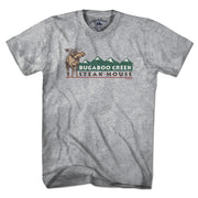 Gray short-sleeve T-shirt with a brown moose, green mountains, and Bugaboo Creek Steak House lettering, front view