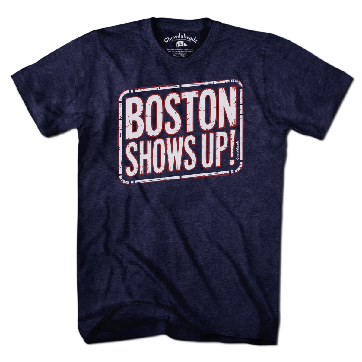 Men's Tee tee in Heather Blue with 'Boston Shows Up' design, New England 
