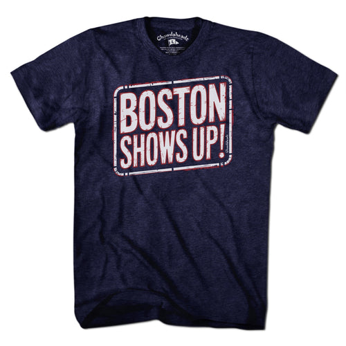 Men's Tee tee in Heather Blue with 'Boston Shows Up' design, New England 