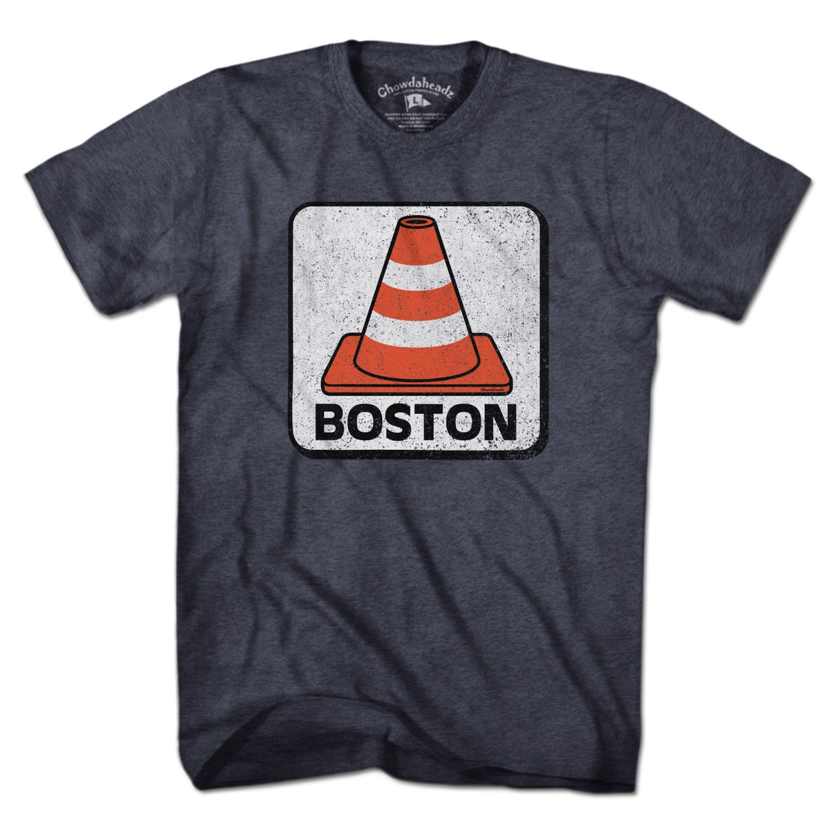 Men's Tee in Heather Blue with Boston Traffic Cone construction graphic