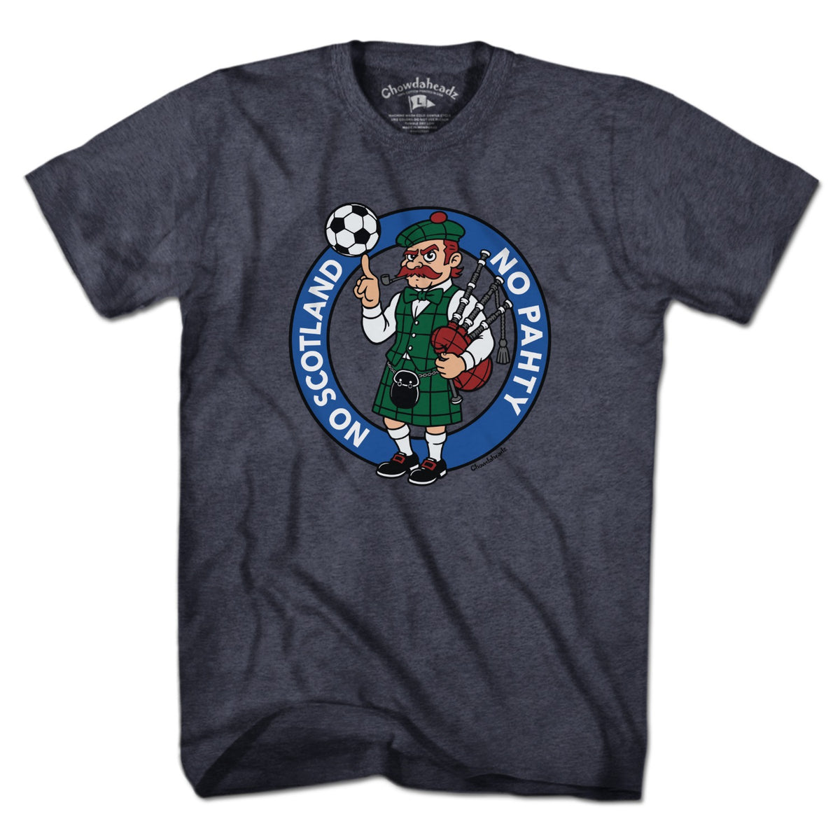 Men's Tee in Heather Blue with No Scotland No Pahty soccer chant graphic