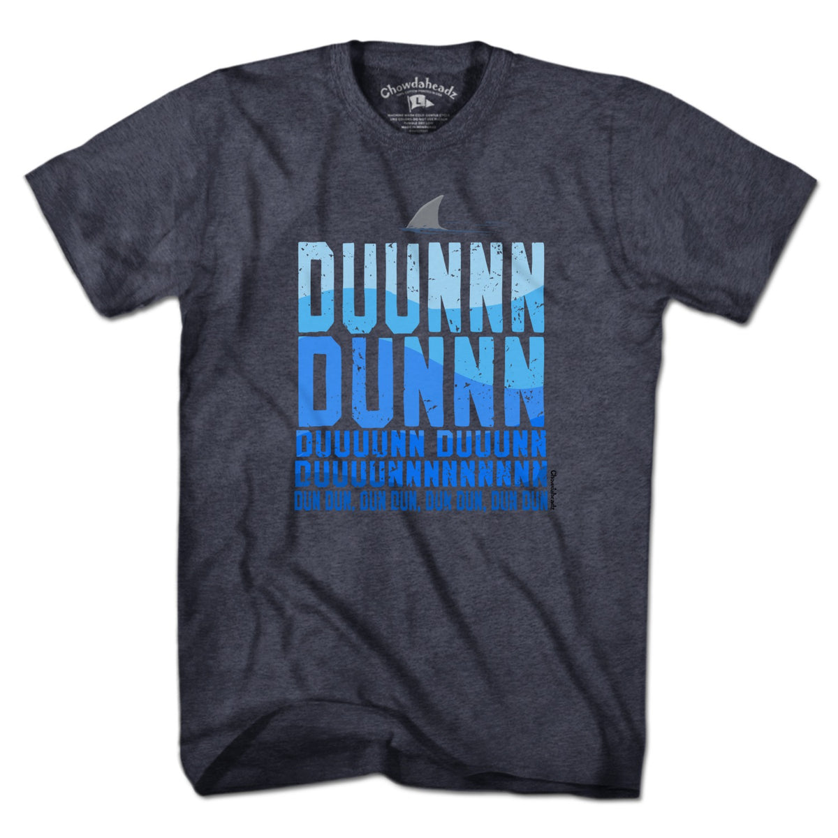 Men's Tee in Heather Blue with Shark Theme New England coastal graphic