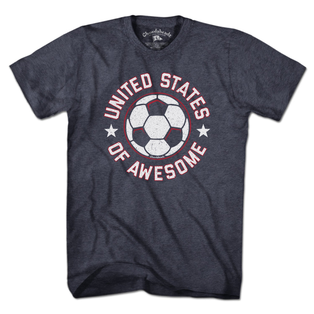 Men's Tee in Heather Blue with United States of Awesome Soccer patriotic footy graphic