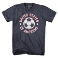 Men's Tee in Heather Blue with United States of Awesome Soccer patriotic footy graphic