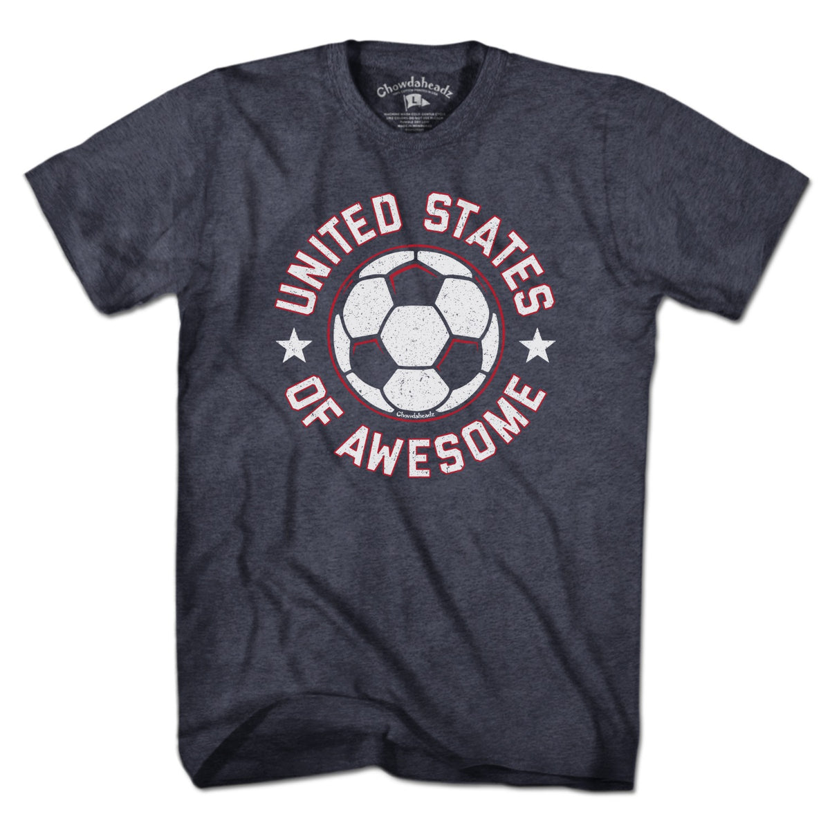 Men's Tee in Heather Blue with United States of Awesome Soccer patriotic footy graphic