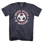 Men's Tee in Heather Blue with United States of Awesome Soccer patriotic footy graphic
