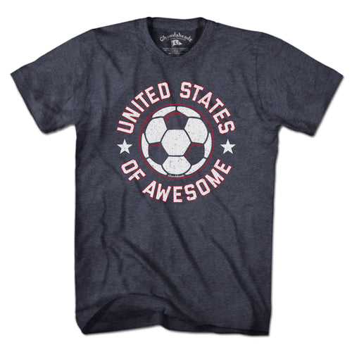 Men's Tee in Heather Blue with United States of Awesome Soccer patriotic footy graphic