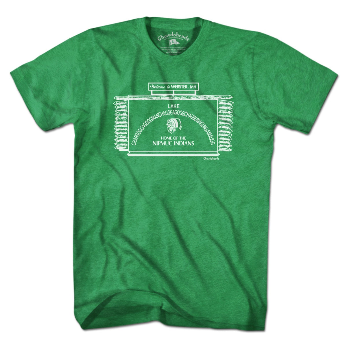 Green short-sleeve T-shirt, front view, with a white Webster, MA lake-sign graphic inside a log-style border.