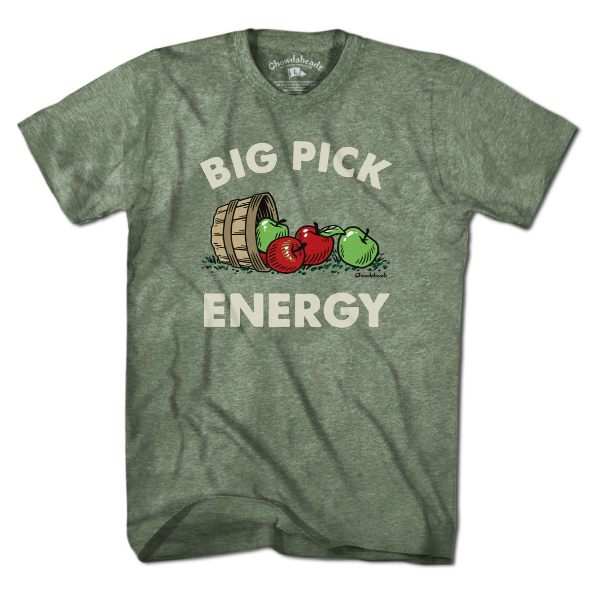 Men's Tee in Military Green with Big Pick Energy apple picking graphic