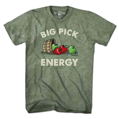 Men's Tee in Military Green with Big Pick Energy apple picking graphic