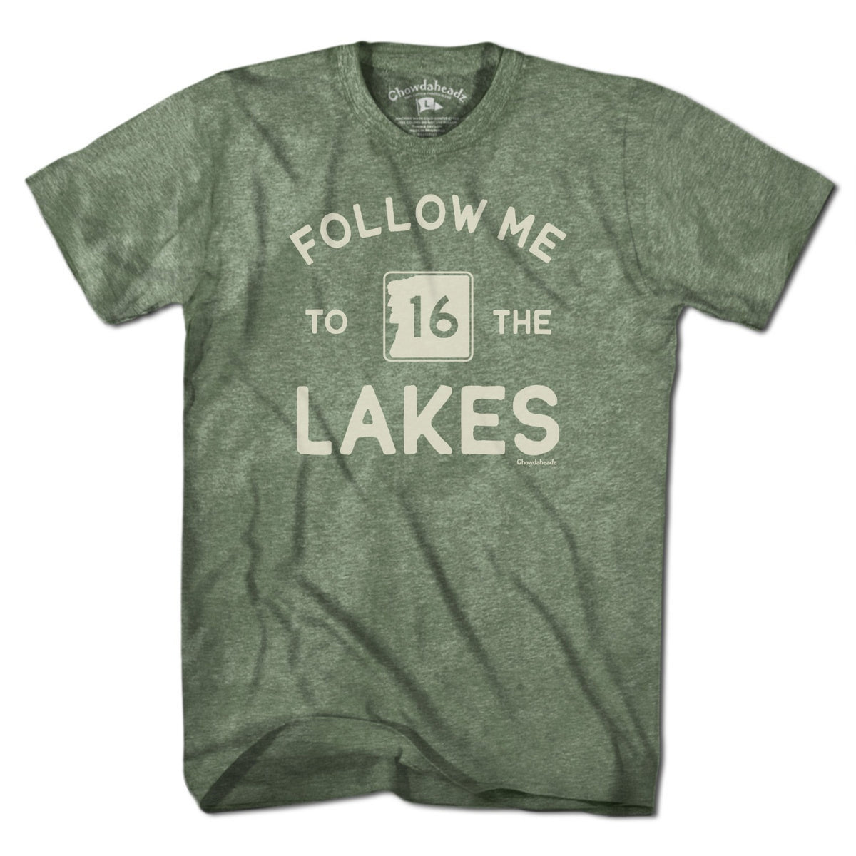 Men's Tee in Military Green with Follow Me To The Lakes New Hampshire graphic