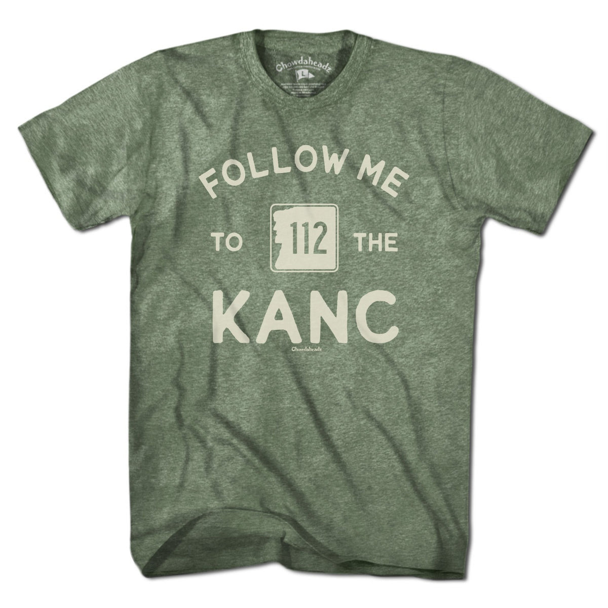 Men's Tee in Military Green with Follow Me To The Kanc New Hampshire Route 112 graphic