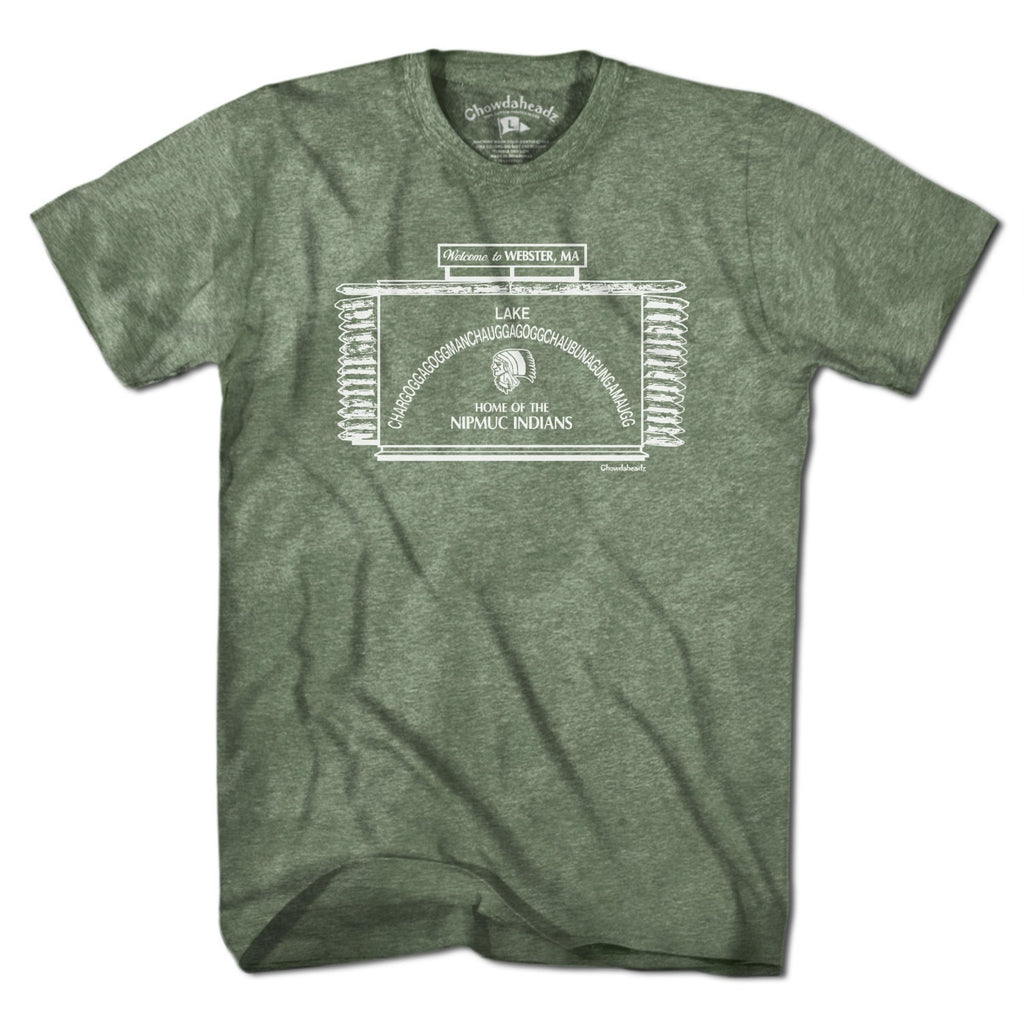 Military green short-sleeve T-shirt, front view, with a white Webster, MA lake-sign graphic and arched lake name.
