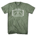 Military green short-sleeve T-shirt, front view, with a white Webster, MA lake-sign graphic and arched lake name.