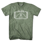 Military green short-sleeve T-shirt, front view, with a white Webster, MA lake-sign graphic and arched lake name.
