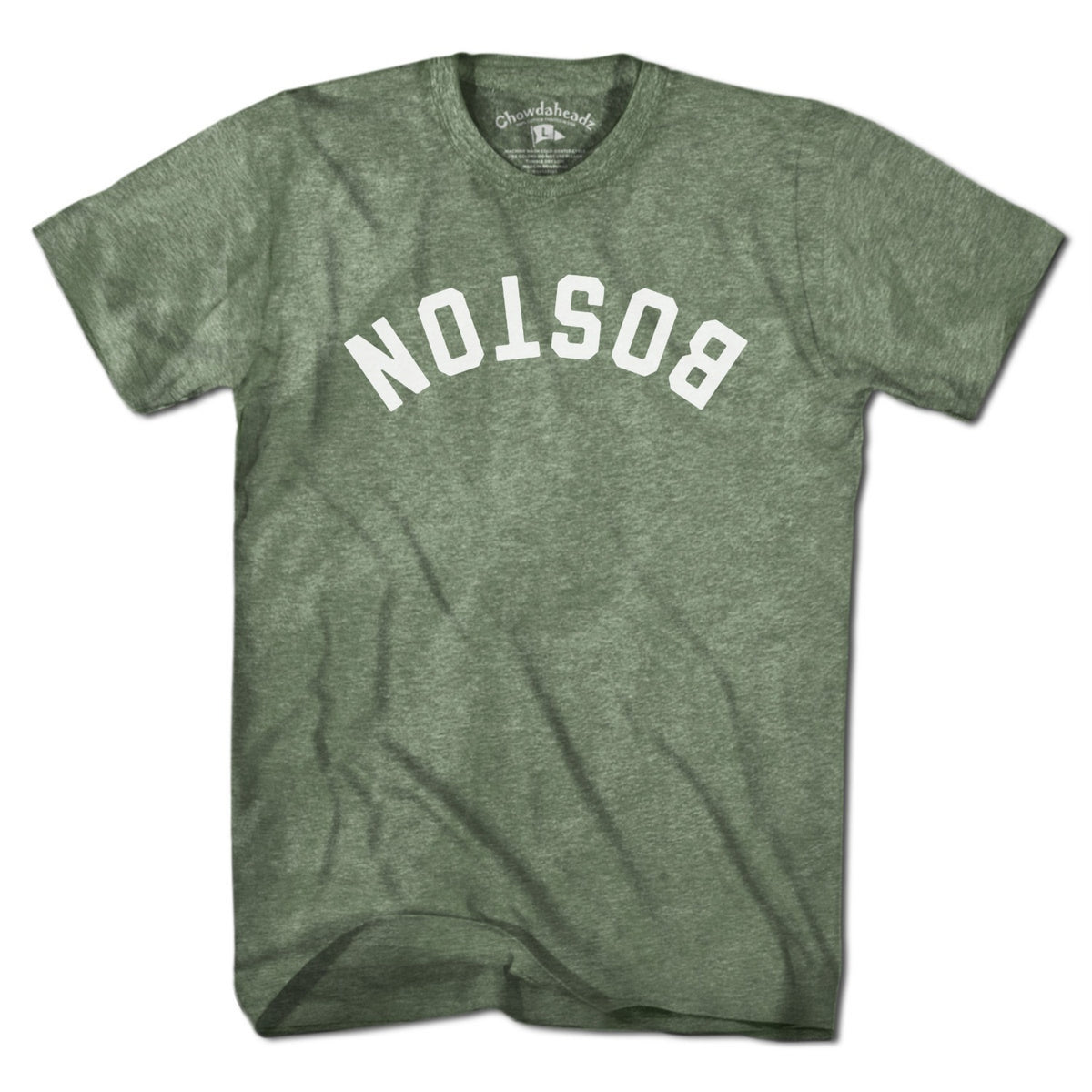 Upside Down Arch men’s t-shirt in military green — Boston flipped arch tee