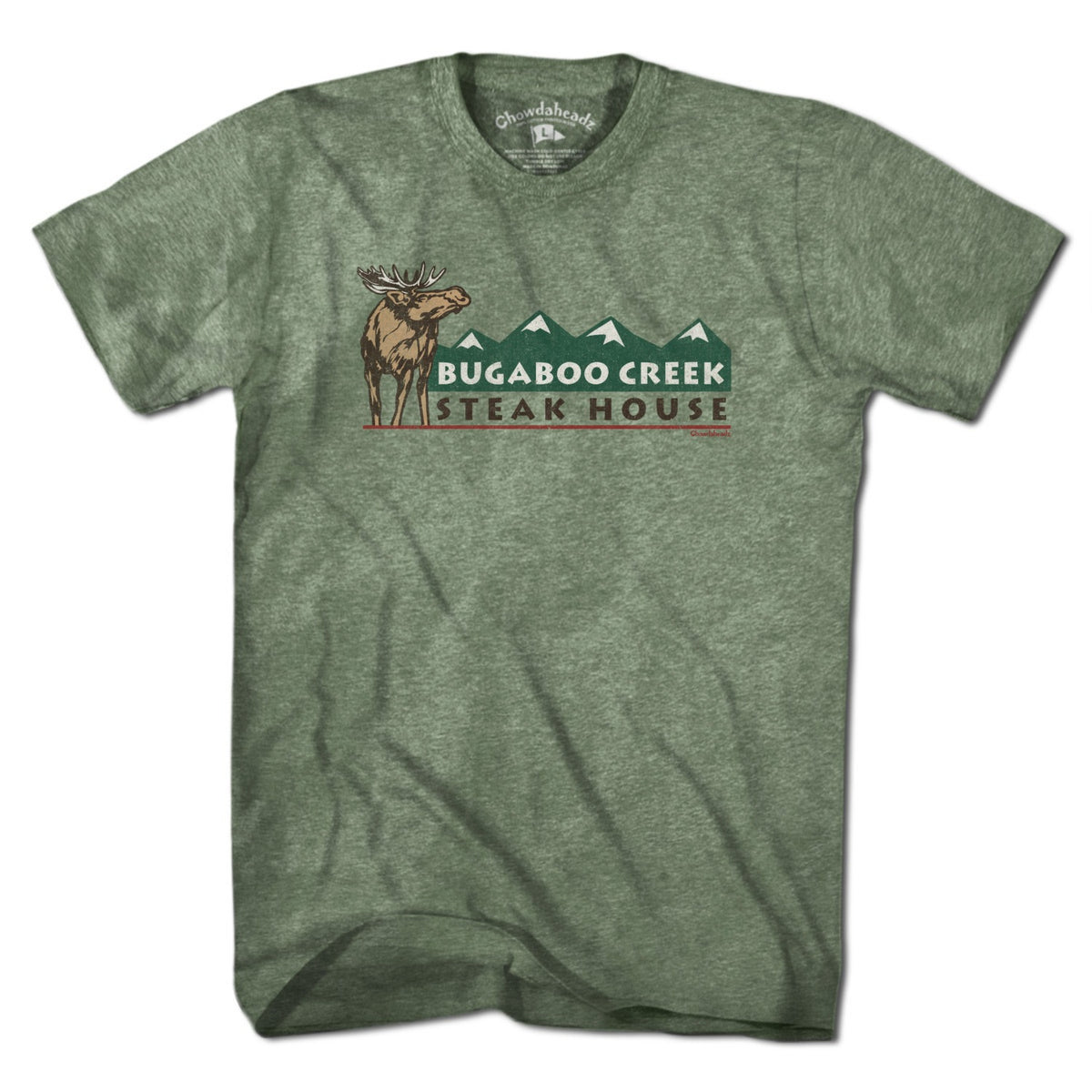 Military Green short-sleeve T-shirt with a moose and Bugaboo Creek Steak House mountain graphic, front view