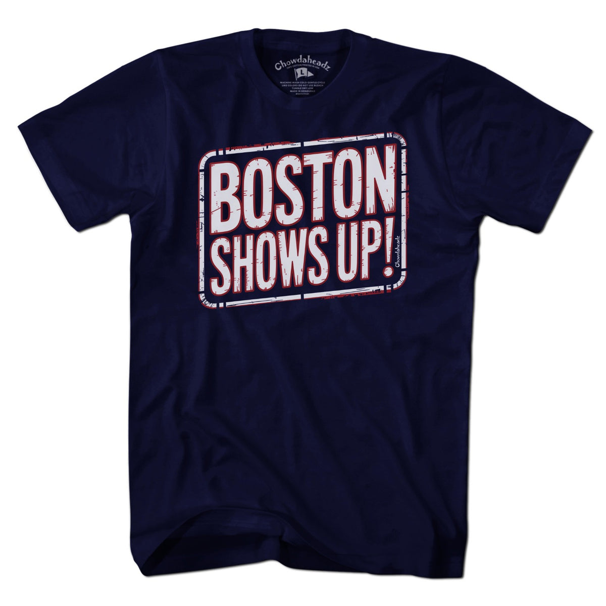 Men's Tee tee in Navy with 'Boston Shows Up' design, New England 