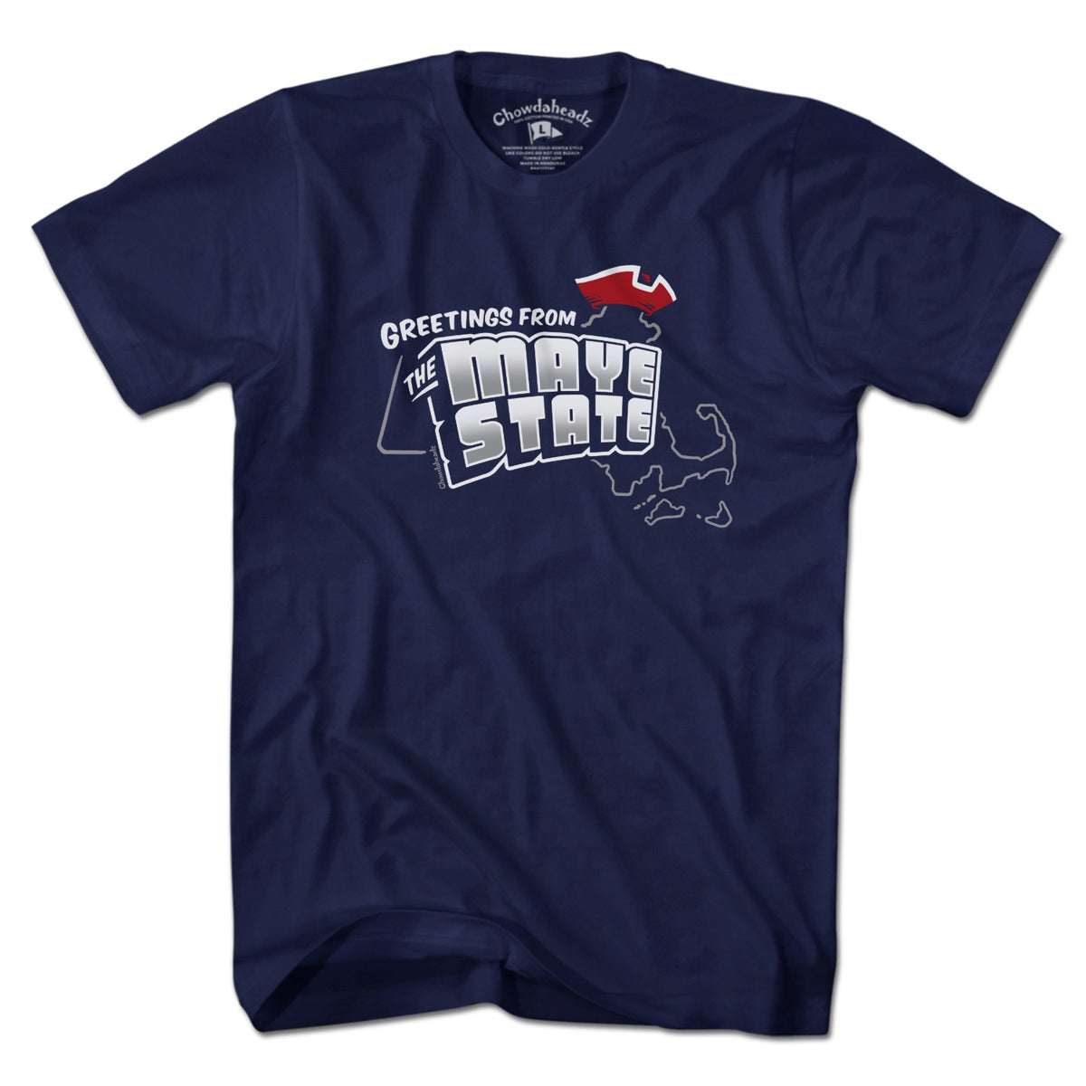 Men's Tee in Navy with Greetings From The Maye State New England football graphic