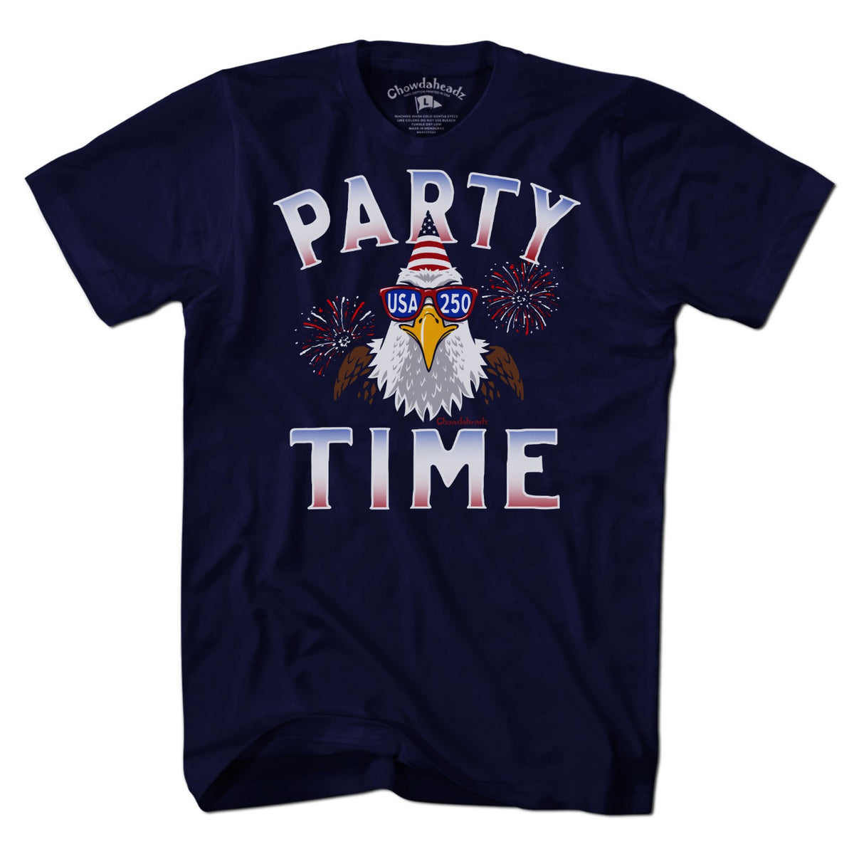 Men's Tee bald eagle wearing sunglasses with fireworks in Navy background, party themed USA 250th anniversary graphic