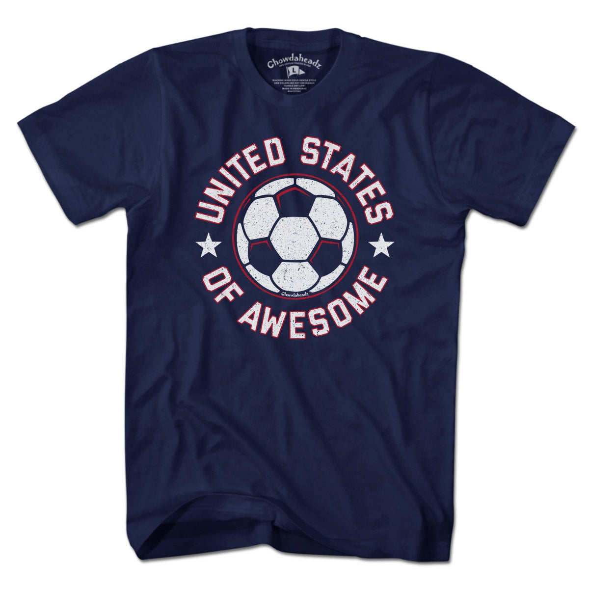 Men's Tee in Navy with United States of Awesome Soccer patriotic footy graphic